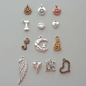 May include: Assortment of silver, gold, and bronze charms featuring animal, heart, and word designs. Charms include a paw print, bone, cat, moon, heart, angel wing, and the word "LOVE".
