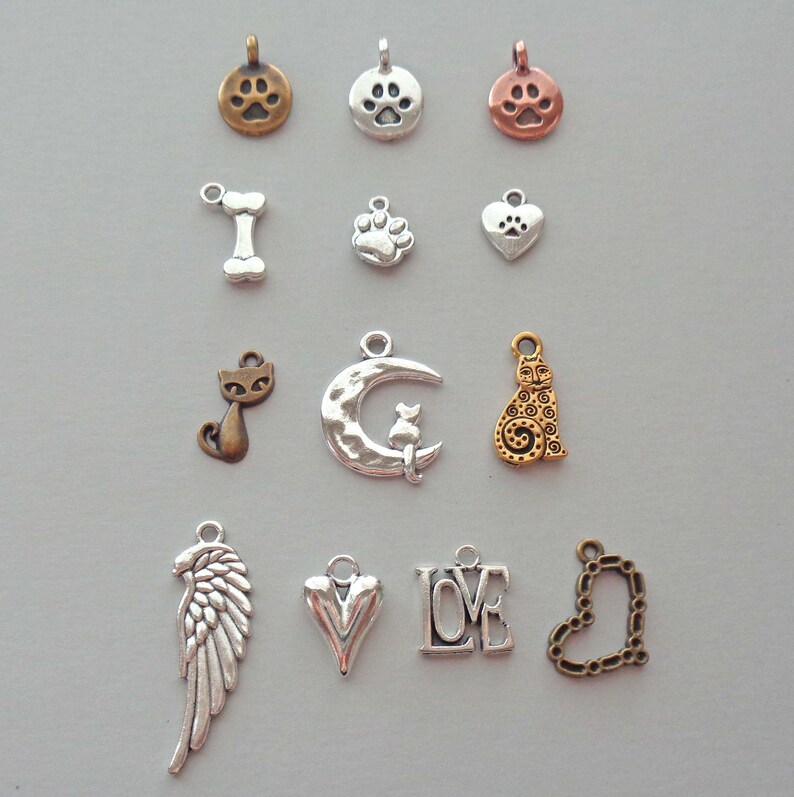 May include: Assortment of silver, gold, and bronze charms featuring animal, heart, and word designs. Charms include a paw print, bone, cat, moon, heart, angel wing, and the word "LOVE".