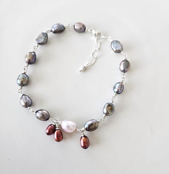 Gray Peacock Pearls Sterling Silver Bracelet - Wire-wrapped Jewelry