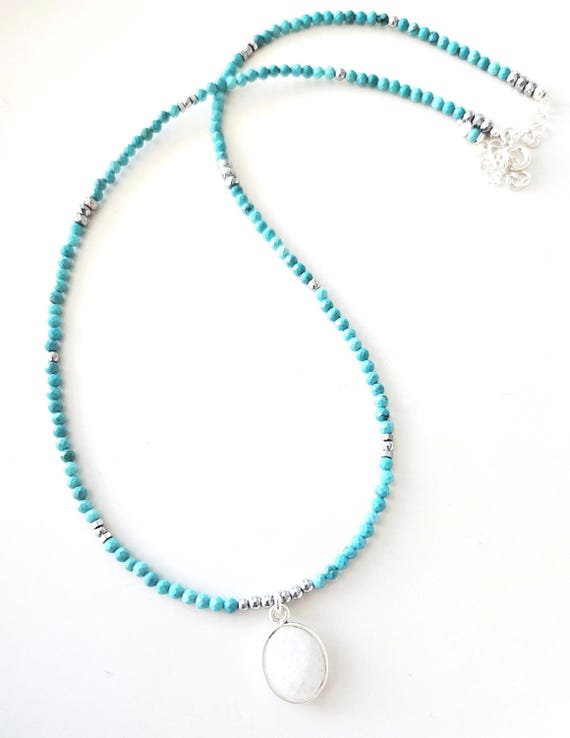 Moonstone Pendant and Turquoise Necklace / Dainty Turquoise Sterling Silver Jewelry / December or June Birthday Gift