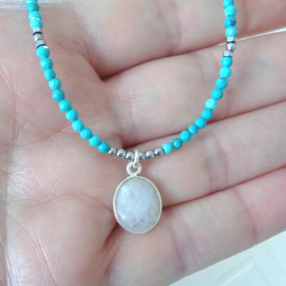 Moonstone Pendant and Turquoise Necklace / Dainty Turquoise Sterling Silver Jewelry / December or June Birthday Gift