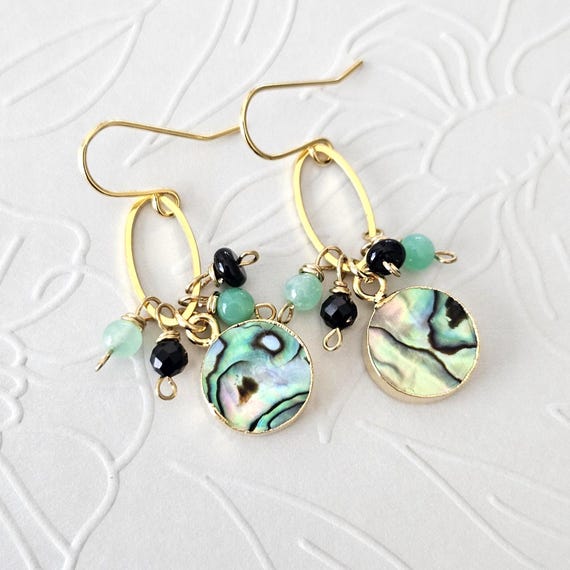 Abalone Shell Drops with Gemstone Dangles - Iolite Kyanite Amazonite Chrysoprase Amethyst