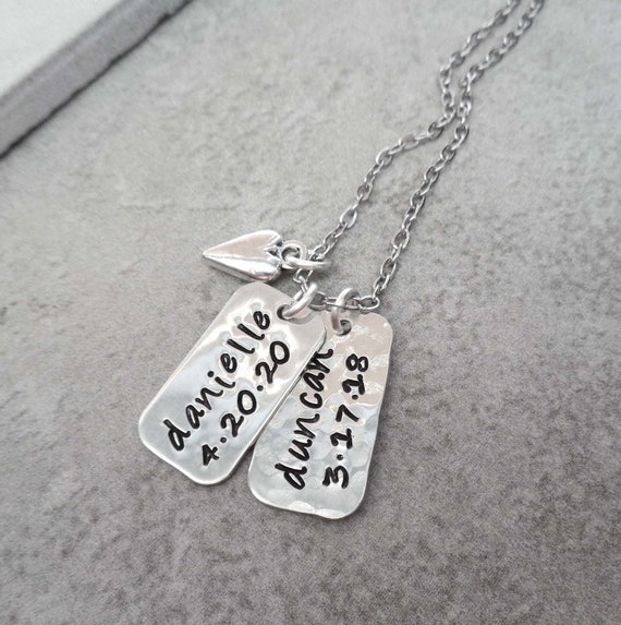 Tiny Silver Tag Necklace / Custom Name Date Tag / Gift for Dad / Mothers Day Gift / New Baby Gift / Personalized Jewelry