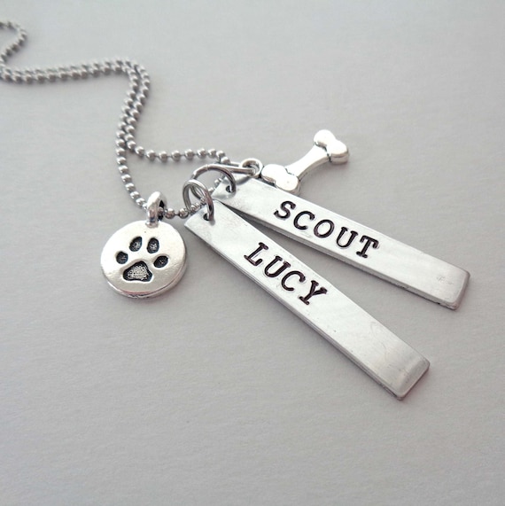 Dog Names Bar Necklace with Paw & Dog Bone Charms / Pet Lover Gift / Personalized Dog Mom Gift / Dog Name Jewelry