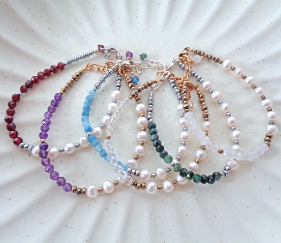 Birthstone with Pearls Bracelet / Gold or Silver Gemstone & Pearls Birthday Gift / January to June Bracelets