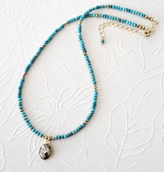 Dainty Turquoise and Pyrite Pendant Necklace in Gold