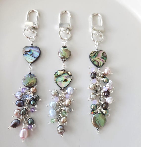 Abalone Heart Crystals & Pearls Purse Clip Keychain or Add on