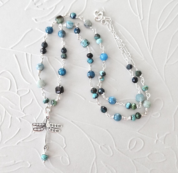Sterling Silver Dragonfly Necklace Wire-Wrapped with Turquoise Chrysocolla Apatite