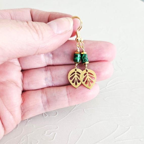 Cute Malachite & Small Leaf Brass Earrings
