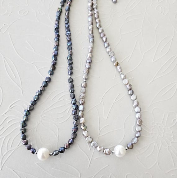 Dainty Peacock and Gray Pearl with Sterling Silver Necklace : Freshwater Potato Pearls