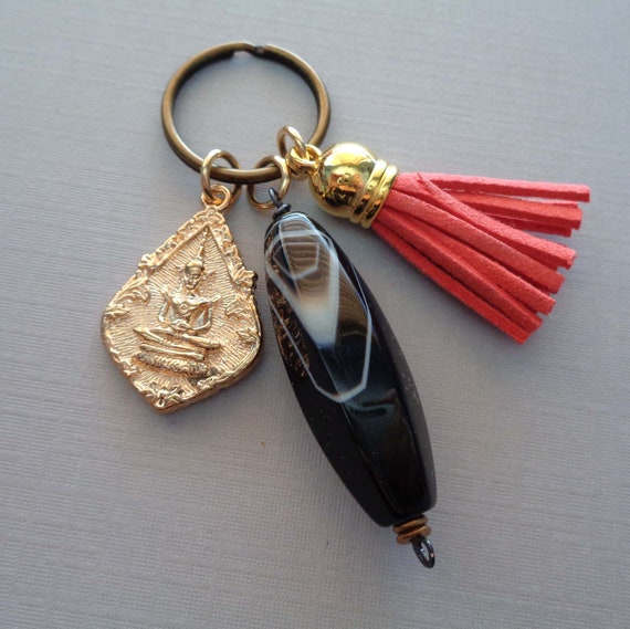 Black Sardonyx Keychain / Buddha Charm Red Tassel / Inner Strength Stone / Protective Stone / Courage Gift