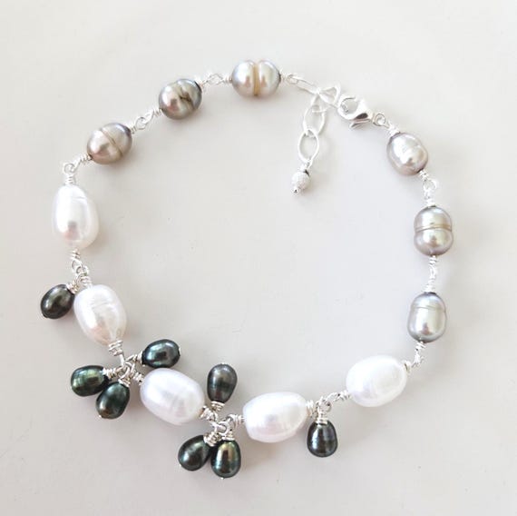 Sterling Silver Rice Pearls Bracelet: Wire-wrapped white gray green pearls
