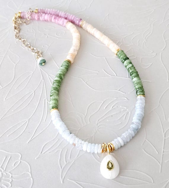 Color Block Jade Beaded Necklace with Quartz Pendant / White, Pink, Green, Cream