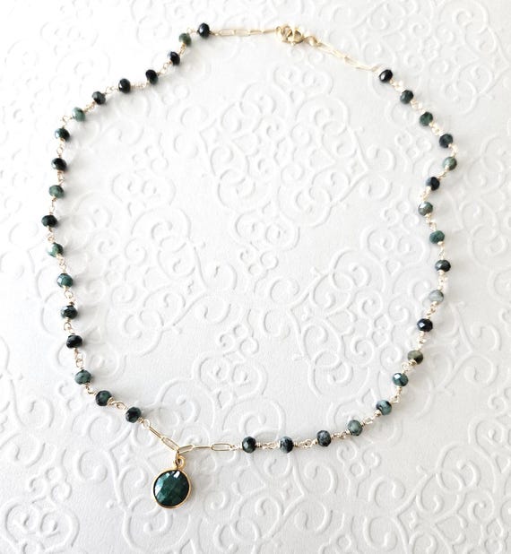 Dainty Emerald Gold Fill Necklace / Wire-wrapped May Birthstone Gift