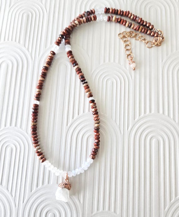 Red Jasper and Raw Moonstone Pendant Necklace, Handmade Gemstone Jewelry