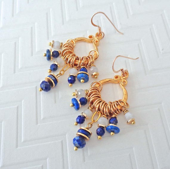 Lapis Lazuli & Moonstone Hoop Earrings / Blue and White Jewelry / Lapis Lazuli Jewelry / Gold Blue Hoop Earrings / Genuine Gemstones