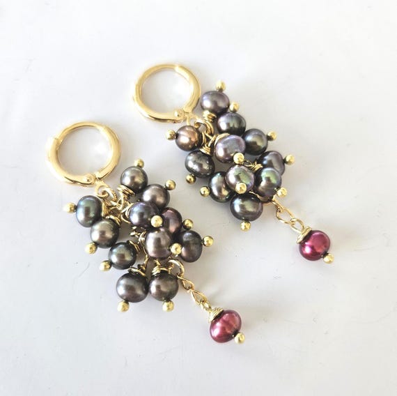 Gray and Red Pearls Cluster Earrings - Freshwater Peacock Pearls Gold Huggie Hoops