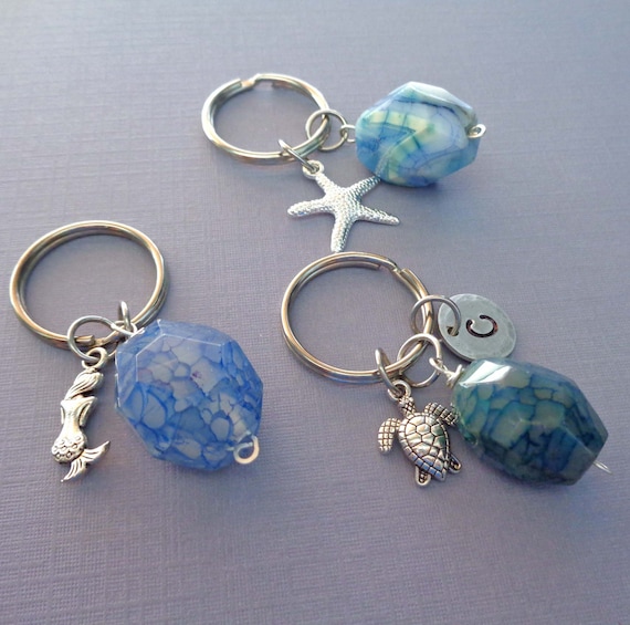 Blue Fire Agate Keychain / Turtle Keychain / Mermaid and Agate / Starfish Blue Stone / Sea Creature Gift / Save the Ocean Gift