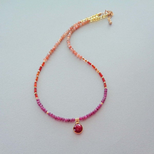 Sunset Necklace with Ruby, Carnelian, Sunstone, Citrine and Gold-fill / Luxe Colorful Beaded Necklace