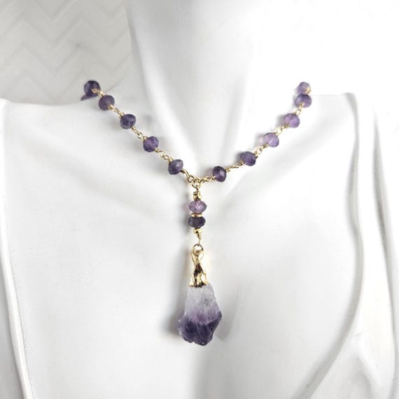 Gold Amethyst Pendant Y-Necklace Wire-wrapped