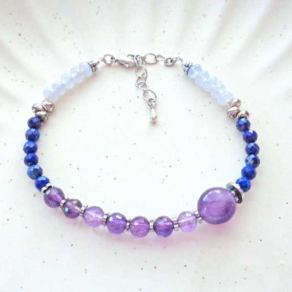 Amethyst Lapis Lazuli Blue Lace Agate Bracelet / Stress Relief Bracelet / Anti-anxiety Jewelry / Empath Protection Gift