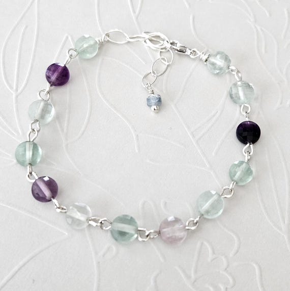 Fluorite Sterling Silver Bracelet: Light Green Purple Crystals