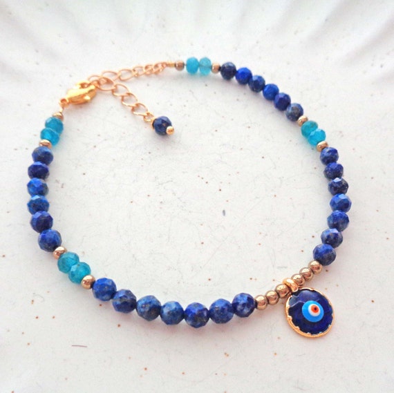 Evil Eye Protection Bracelet with Lapis Lazuli and Apatite - Skinny Stacking Bracelet - Empath Energy Protection Jewelry - Evil Eye Jewelry