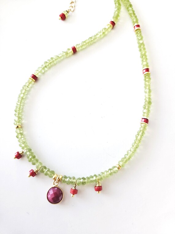 Ruby Peridot & Coral Necklace / Colorful Crystal Jewelry / Genuine Gemstones
