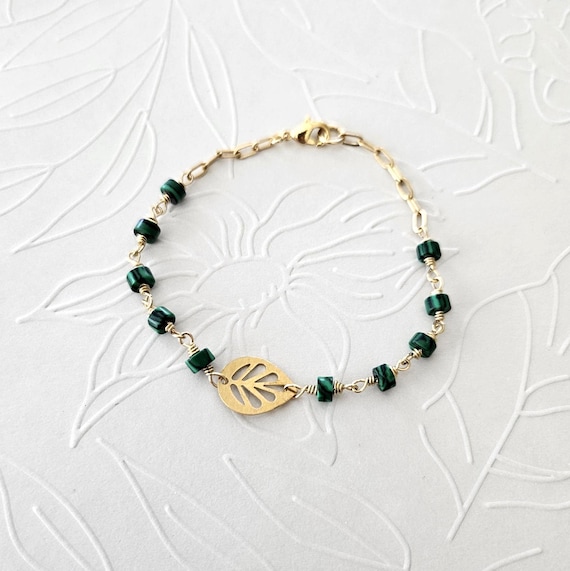 Leaf and Malachite Wire-wrapped Paperclip Chain Brass Bracelet