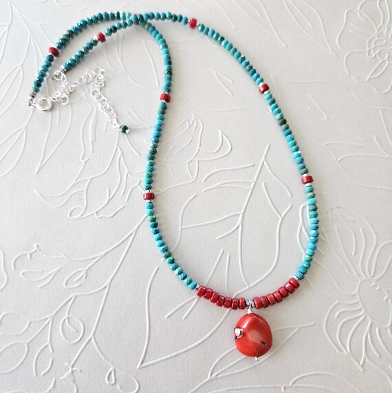 Coral and Turquoise Necklace Dainty Sterling Silver Jewelry