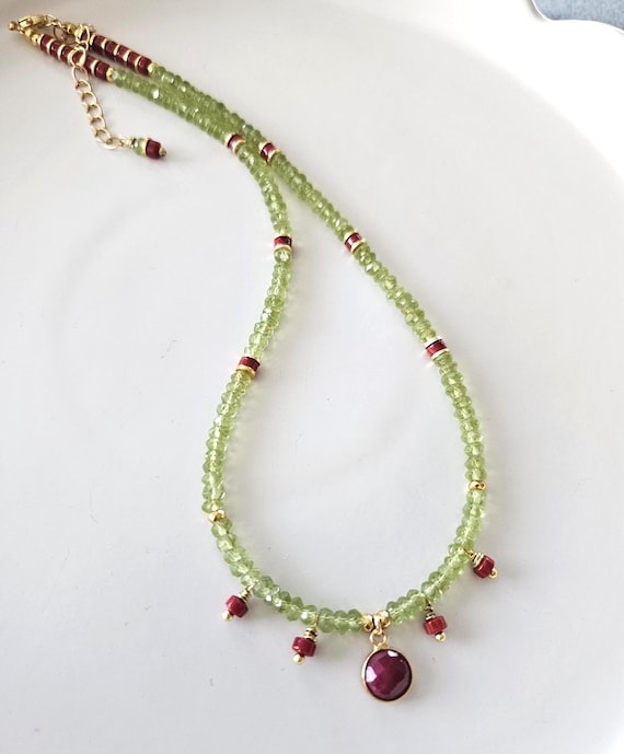 Ruby Peridot & Coral Necklace / Colorful Crystal Jewelry / Genuine Gemstones