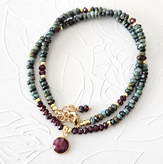 Garnet African Turquoise and Ruby Pendant Necklace