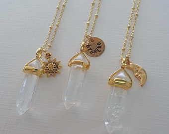 Crystal Point Gold Necklace / Moon Sun Charm / Custom Initial Word Name / Clear Crystal Pendant / Clearing Stone
