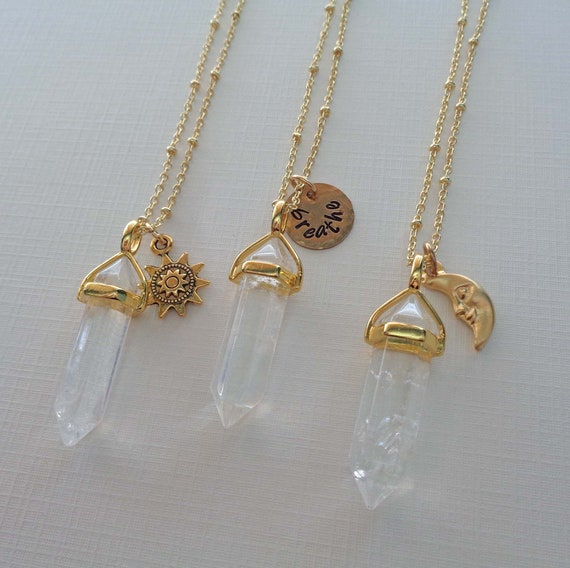 Crystal Point Gold Necklace / Moon Sun Charm / Custom Initial Word Name / Clear Crystal Pendant / Clearing Stone