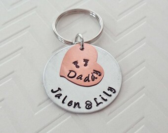 Personalized New Daddy Keychain: Hand-Stamped Copper Heart & Aluminum Disc