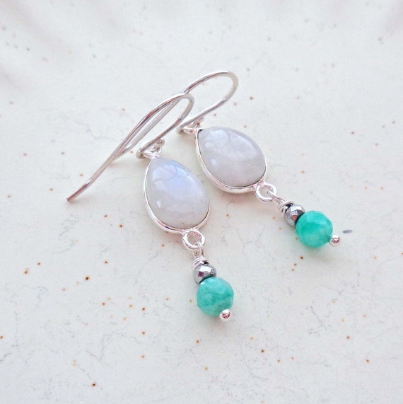 Moonstone & Amazonite Sterling Silver Earrings / Resort Jewelry / Summer Vibe Earrings / Fertility Earrings