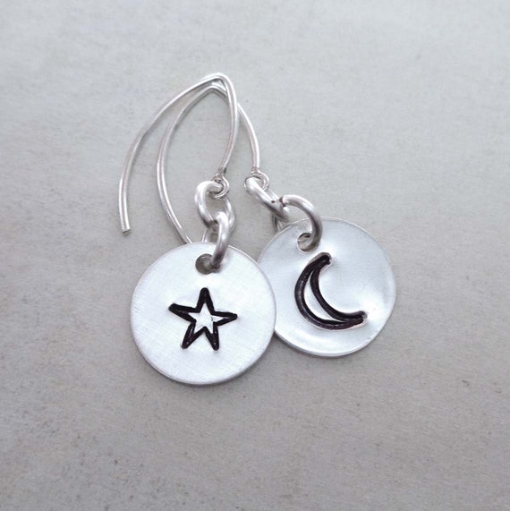 Moon Star Earrings - Mismatched Earrings - Sterling Silver Moon and Star Hand-stamped Jewelry - Minimal Moon Star Earrings - E132