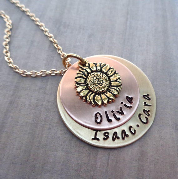 Sunflower Necklace / You are My Sunshine / Personalized Names / Valentines Gift / Rustic Jewelry