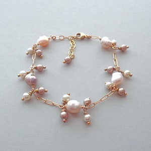 Wire-wrapped Rosebud Pearls Bracelet / Gold Fill Peach colored Pearl Jewelry / June Birthstone Gift