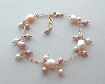Wire-wrapped Rosebud Pearls Bracelet / Gold Fill Peach colored Pearl Jewelry / June Birthstone Gift
