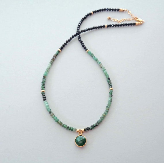 Dainty Emerald & Black Spinel Gold Fill Beaded Necklace / Shaded Emerald Jewelry / 20th Anniversary Gift for Her