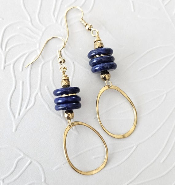 Lapis Lazuli Stack Hoops Earrings in Brass Gold