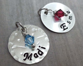 Sterling Silver Personalized Add-on Name Charm / Hand-Stamped Charm with Crystal or Pearl / Personalized Name and Birthstone