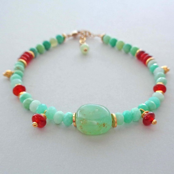 Colorful Chrysoprase & Carnelian Beaded Bracelet / AAA Australian Green Chrysoprase Gold Fill Jewelry / Summer Wear