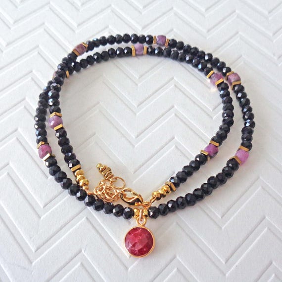 Black Tourmaline and Ruby Beaded Necklace / Crystal Protection Jewelry / Ruby Pendant / Glam Jewelry / Evening Wear