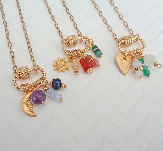Choose Your Crystal Healing Necklace / Paperclip Chain Carabiner / Build a Necklace / Sun Moon Heart Charm