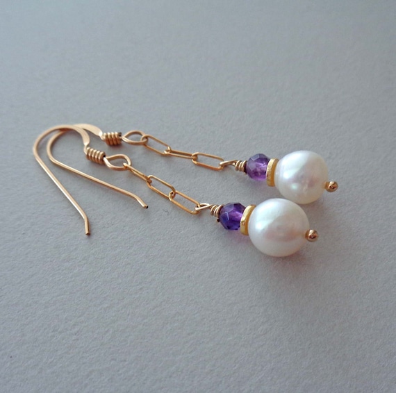 Amethyst and Akoya Pearl Gold Fill Drop Earrings / February Birthstone Birthday Gift / Elegant Pearl Earrings