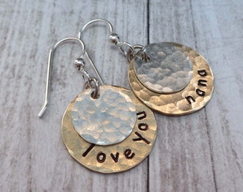 Personalized Earrings / Hammered Discs / Custom Word Name / Mother's Day Gift / Gift for Her