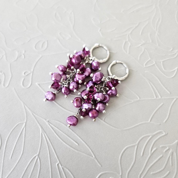 Berry Pink & Purple Freshwater Pearls and Fuchsia Crystals Silver Huggie Cluster Earrings