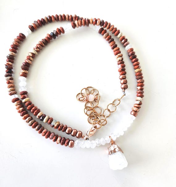 Red Jasper and Raw Moonstone Pendant Necklace, Handmade Gemstone Jewelry